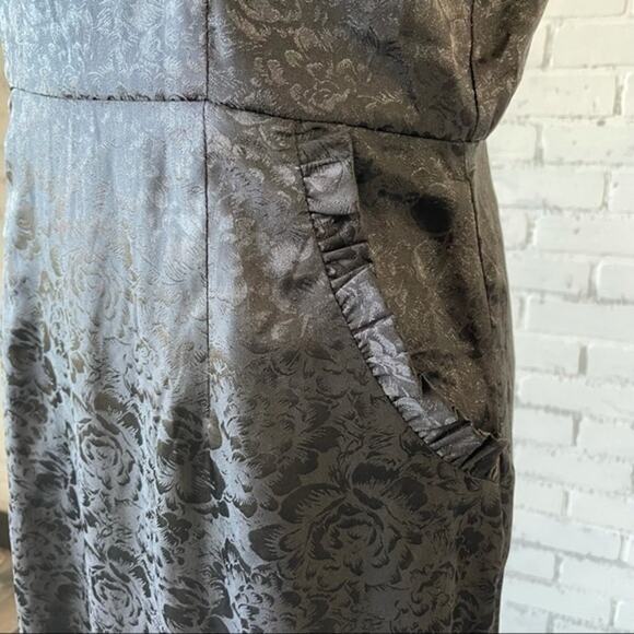 Lulus Black Short Dress Medium Pockets Ruffle Embossed Roses - Picture 12 of 12